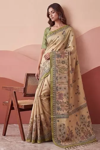Cream Color Sober Pattern With Print Work Silk Blend Saree