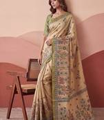 Cream Color Sober Pattern With Print Work Silk Blend Saree