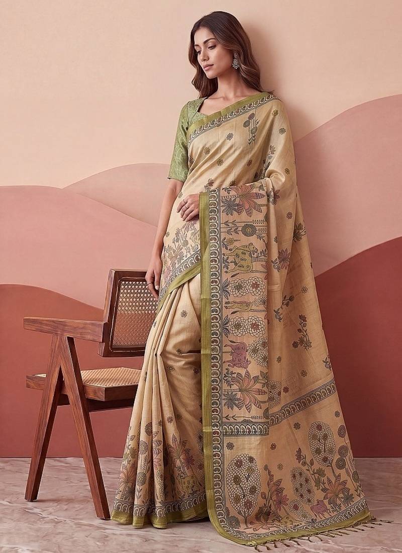 Cream Color Sober Pattern With Print Work Silk Blend Saree