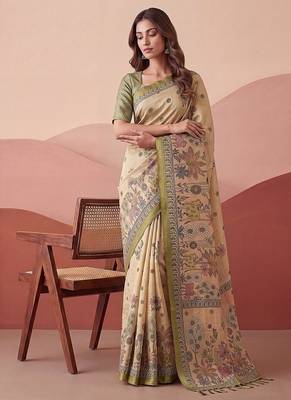 Cream Color Sober Pattern With Print Work Silk Blend Saree 3