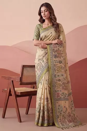 Cream Color Sober Pattern With Print Work Silk Blend Saree