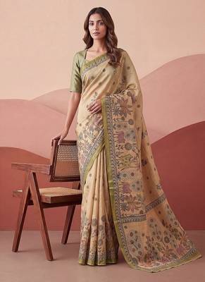 Cream Color Sober Pattern With Print Work Silk Blend Saree 4