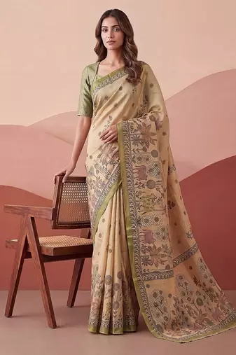 Cream Color Sober Pattern With Print Work Silk Blend Saree