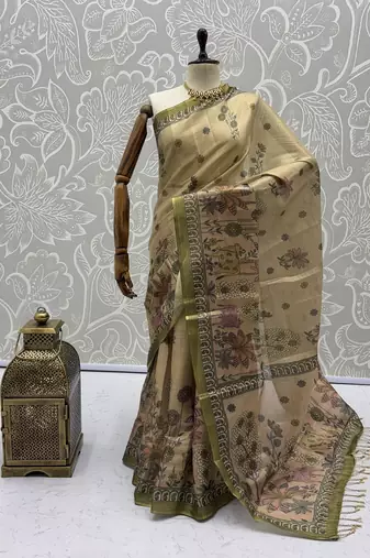 Cream Color Sober Pattern With Print Work Silk Blend Saree