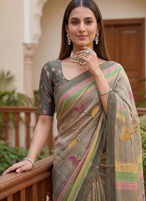 Grey Color Dori With Print Work Silk Blend Saree 2