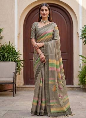 Grey Color Dori With Print Work Silk Blend Saree 3