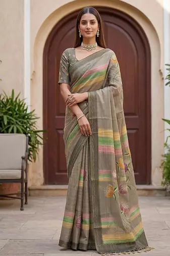 Grey Color Dori With Print Work Silk Blend Saree