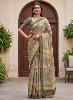 Grey Color Dori With Print Work Silk Blend Saree 1