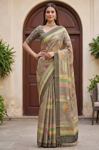 Grey Color Dori With Print Work Silk Blend Saree