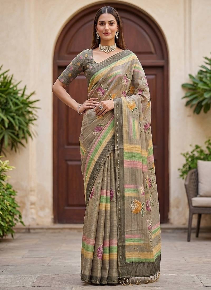 Grey Color Dori With Print Work Silk Blend Saree