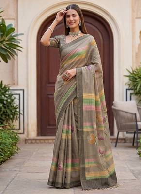 Grey Color Dori With Print Work Silk Blend Saree 4