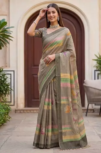 Grey Color Dori With Print Work Silk Blend Saree