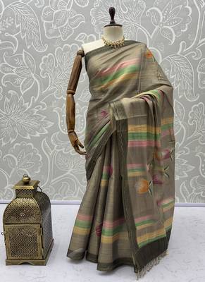 Grey Color Dori With Print Work Silk Blend Saree 5
