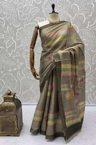 Grey Color Dori With Print Work Silk Blend Saree