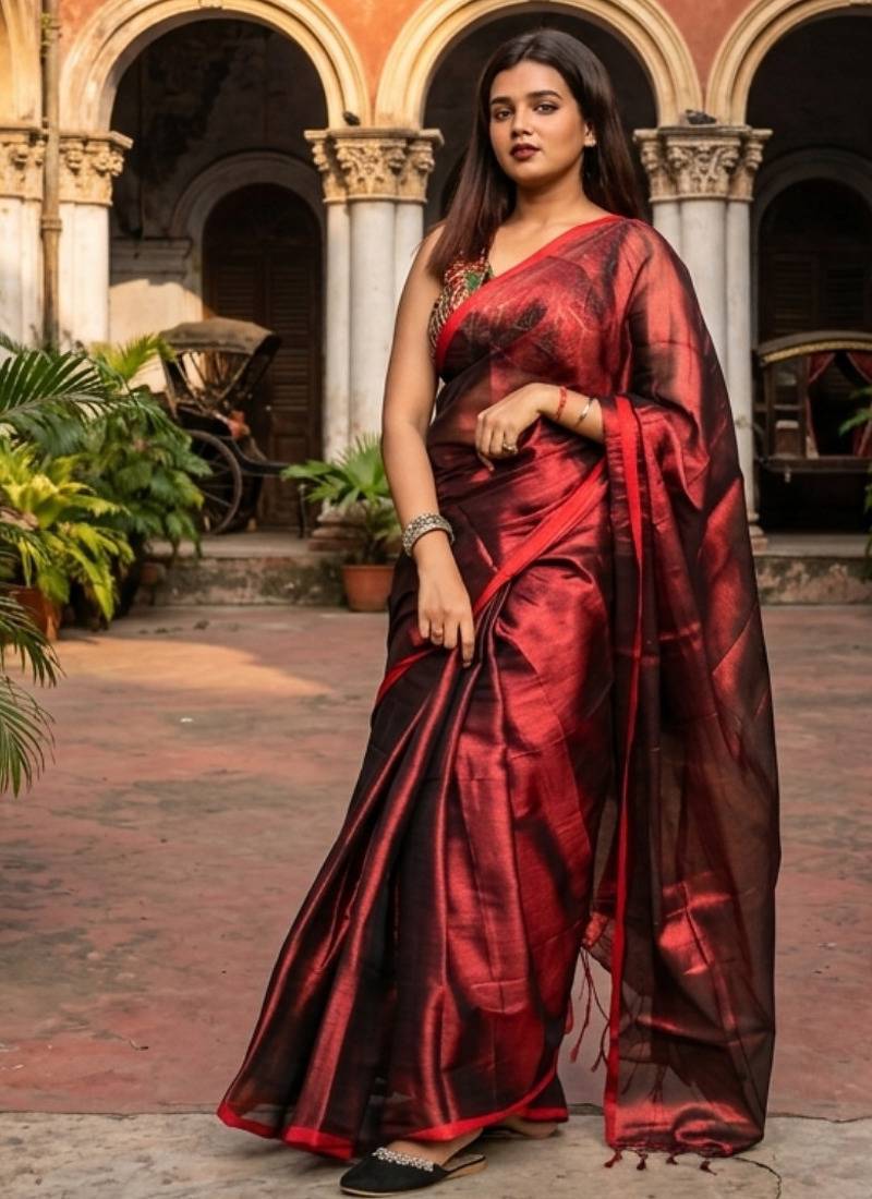  wine drizzlewine red handloom tissue saree