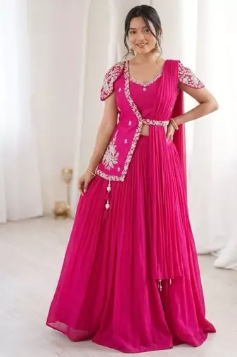 Rani Pink Color Embroidery Sequence Work Chinon Lehenga Choli Ser