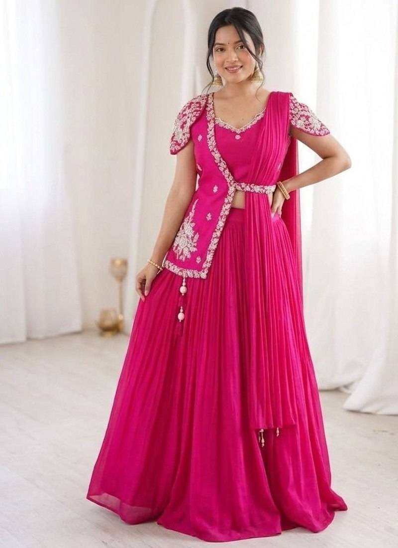Rani Pink Color Embroidery Sequence Work Chinon Lehenga Choli Ser