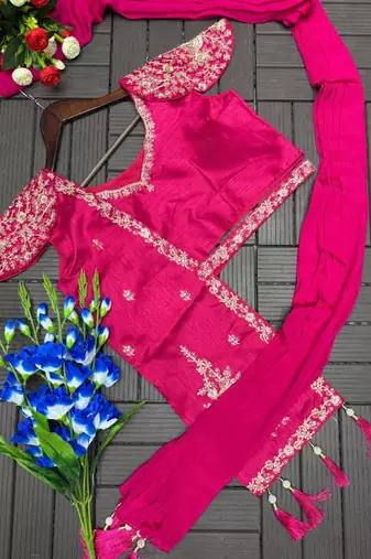 Rani Pink Color Embroidery Sequence Work Chinon Lehenga Choli Ser