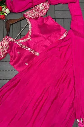 Rani Pink Color Embroidery Sequence Work Chinon Lehenga Choli Ser