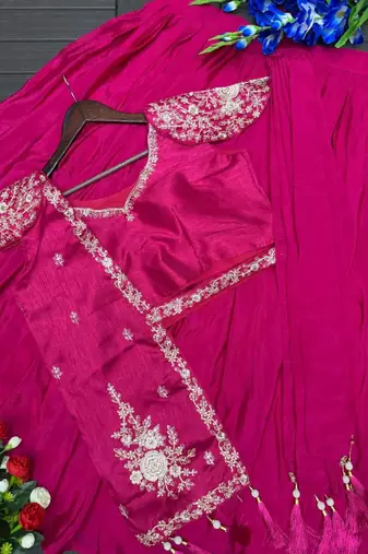Rani Pink Color Embroidery Sequence Work Chinon Lehenga Choli Ser
