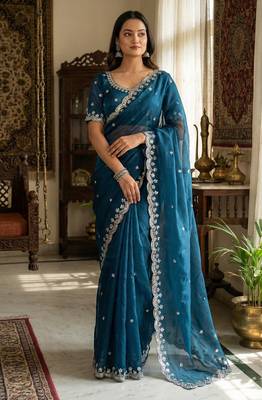 Teal blue heavy embroidered real moti with sequin embroidered zimmy choo silk bollywood saree with blouse 2