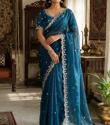 Teal blue heavy embroidered real moti with sequin embroidered zimmy choo silk bollywood saree with blouse