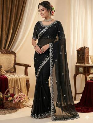 Black heavy embroidered real moti with sequin embroidered zimmy choo silk bollywood saree with blouse 2