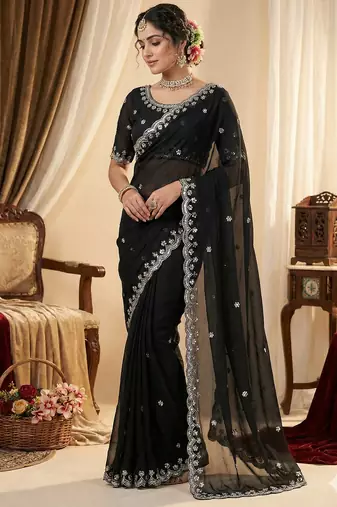 Black heavy embroidered real moti with sequin embroidered zimmy choo silk bollywood saree with blouse