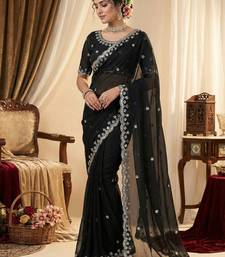 Black heavy embroidered real moti with sequin embroidered zimmy choo silk bollywood saree with blouse