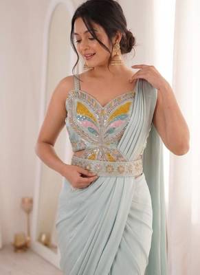 Sky Blue Color Embroidery Sequence Work Creap Ready to wear Saree 2