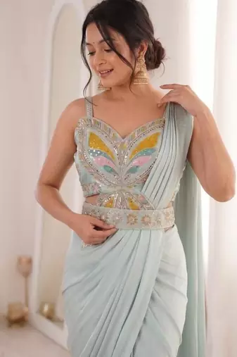 Sky Blue Color Embroidery Sequence Work Creap Ready to wear Saree
