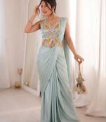 Sky Blue Color Embroidery Sequence Work Creap Ready to wear Saree