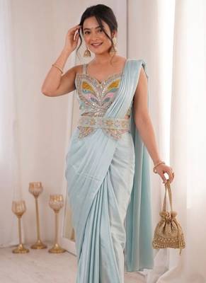 Sky Blue Color Embroidery Sequence Work Creap Ready to wear Saree 3