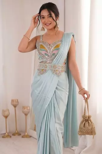 Sky Blue Color Embroidery Sequence Work Creap Ready to wear Saree