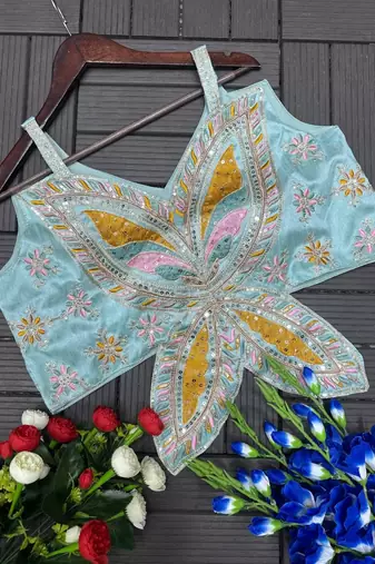 Sky Blue Color Embroidery Sequence Work Creap Ready to wear Saree