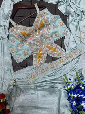 Sky Blue Color Embroidery Sequence Work Creap Ready to wear Saree 5
