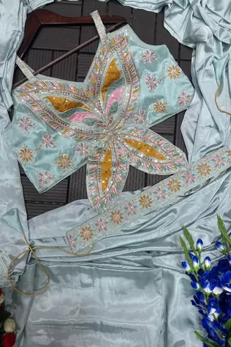 Sky Blue Color Embroidery Sequence Work Creap Ready to wear Saree
