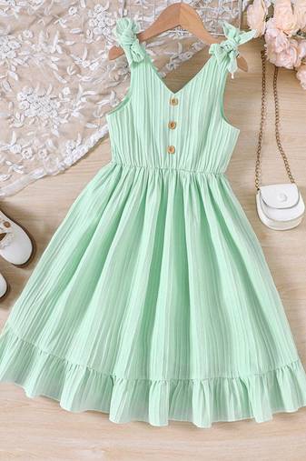 Mint green solid textured cotton sleeveless fit & flare kids dress