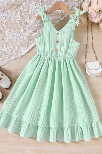 Mint green solid textured cotton sleeveless fit & flare kids dress