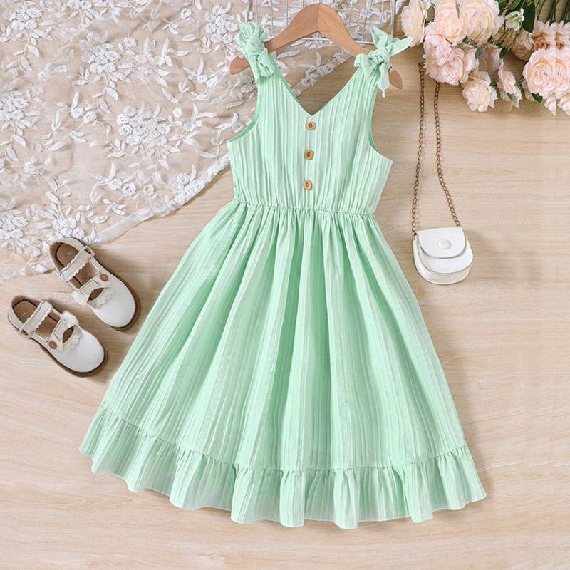 Mint green solid textured cotton sleeveless fit & flare kids dress