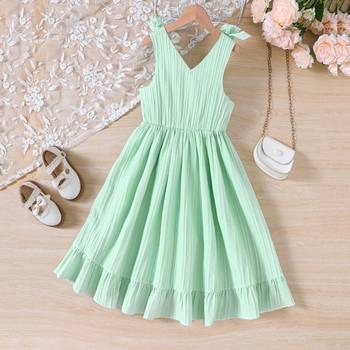 Mint green solid textured cotton sleeveless fit & flare kids dress 2