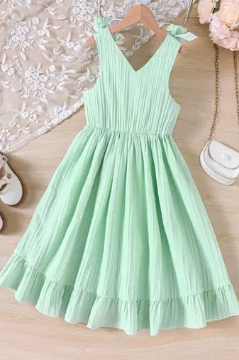 Mint green solid textured cotton sleeveless fit & flare kids dress