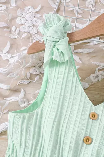 Mint green solid textured cotton sleeveless fit & flare kids dress