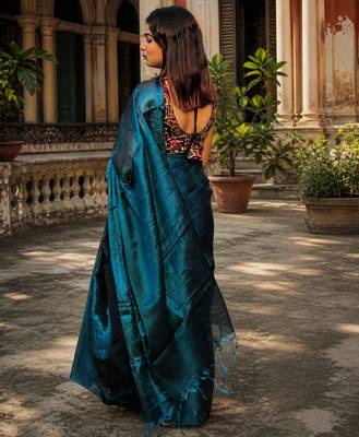  turquoise fleur turquoise blue handloom tissue saree 4