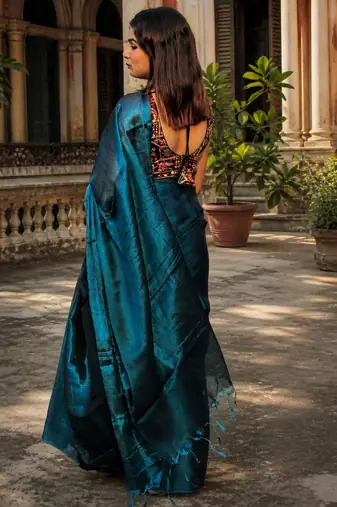  turquoise fleur turquoise blue handloom tissue saree