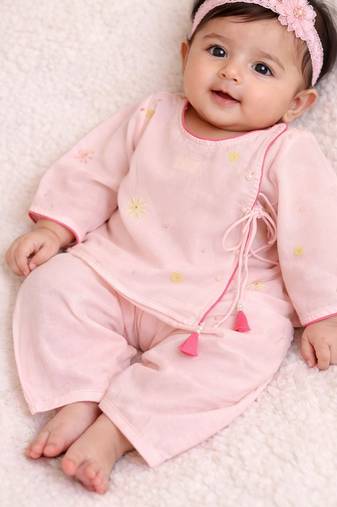 Baby pink embroidered pure soft georgette angrakha set
