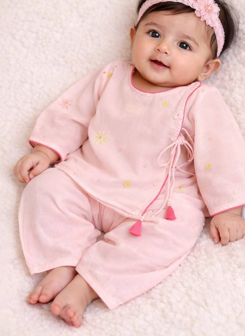 Baby pink embroidered pure soft georgette angrakha set