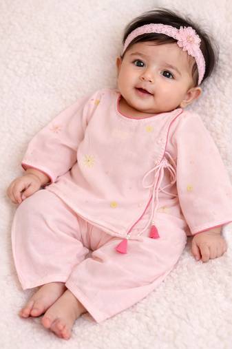 Baby pink embroidered pure soft georgette angrakha set
