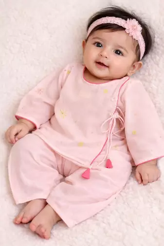 Baby pink embroidered pure soft georgette angrakha set