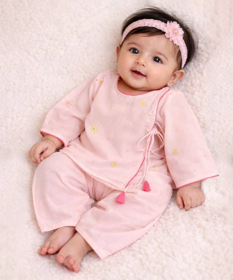 Baby pink embroidered pure soft georgette angrakha set